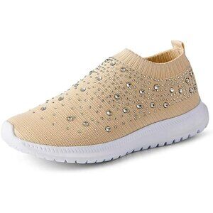 Women's Mesh Walking Shoes Rhinestone Glitter Slip On Ballroom Sneakers Khaki